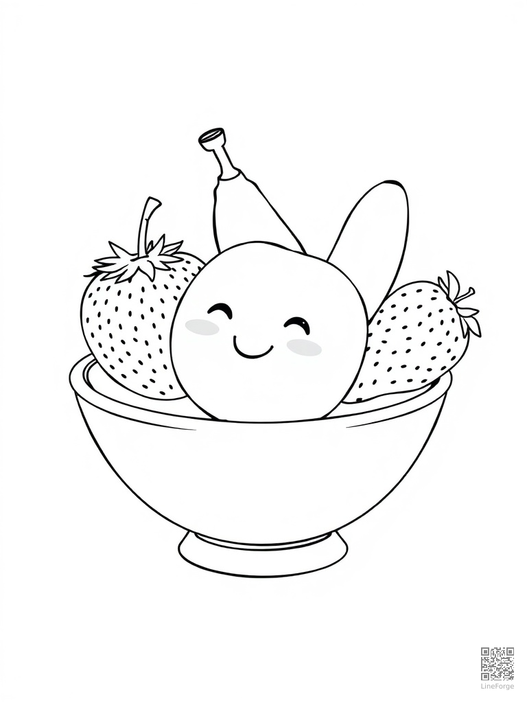 Fruit bowl with smiling apple banana strawberry coloring page Manga style - free printable