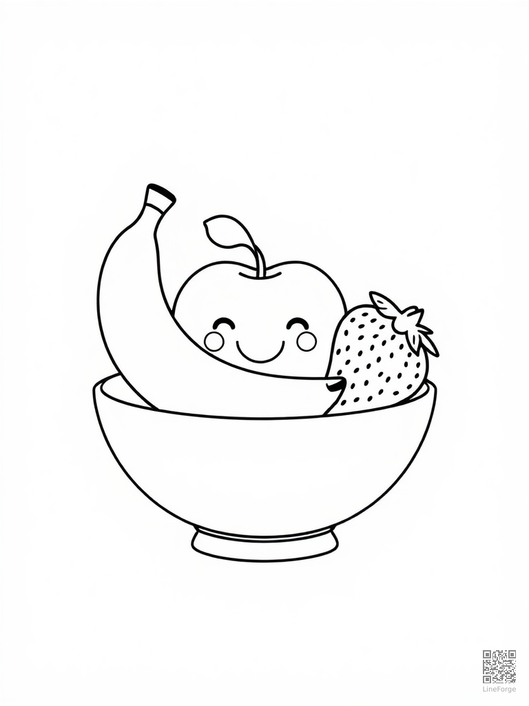 Fruit bowl with smiling apple banana strawberry coloring page Minimal style - free printable