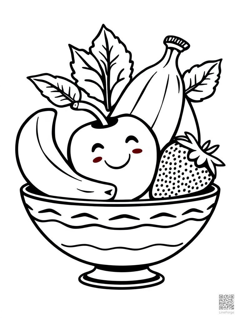 Fruit bowl with smiling apple banana strawberry coloring page Woodcut style - free printable
