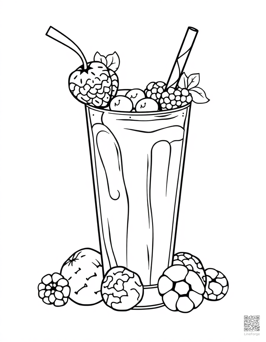 fruit smoothie with berries and straw coloring page Contour style - free printable