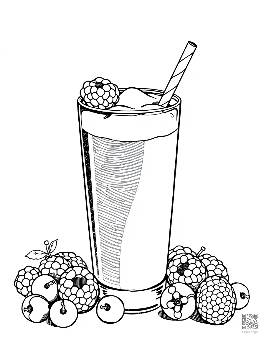 fruit smoothie with berries and straw coloring page Crosshatch style - free printable