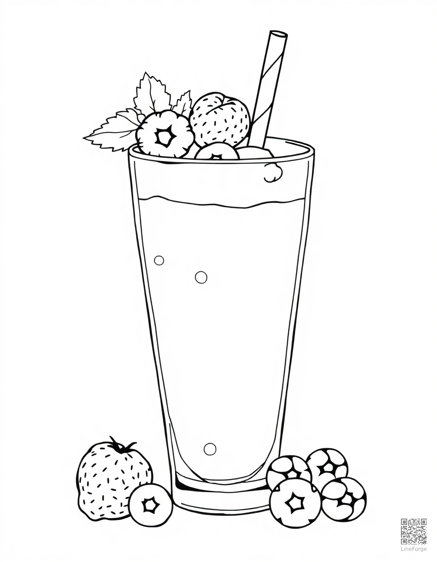 fruit smoothie with berries and straw coloring page Manga style - free printable