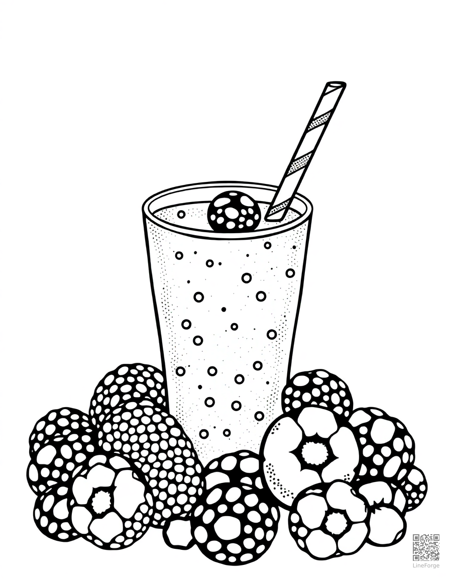 fruit smoothie with berries and straw coloring page Stipple style - free printable