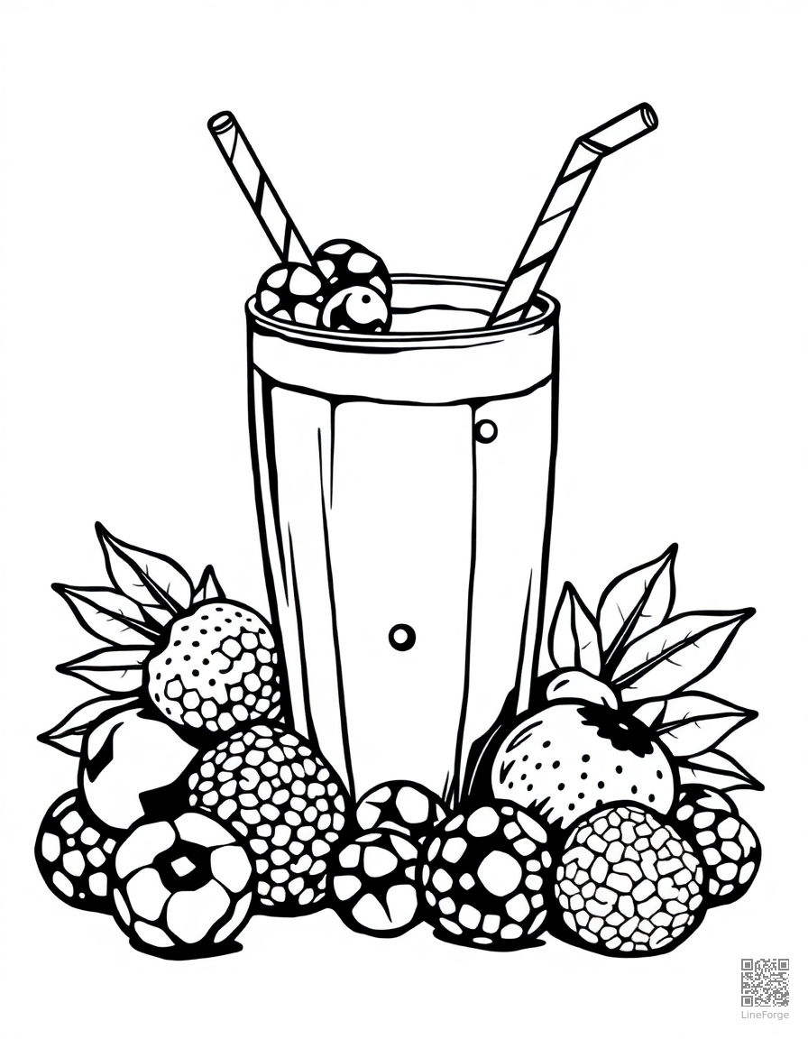 fruit smoothie with berries and straw coloring page Woodcut style - free printable