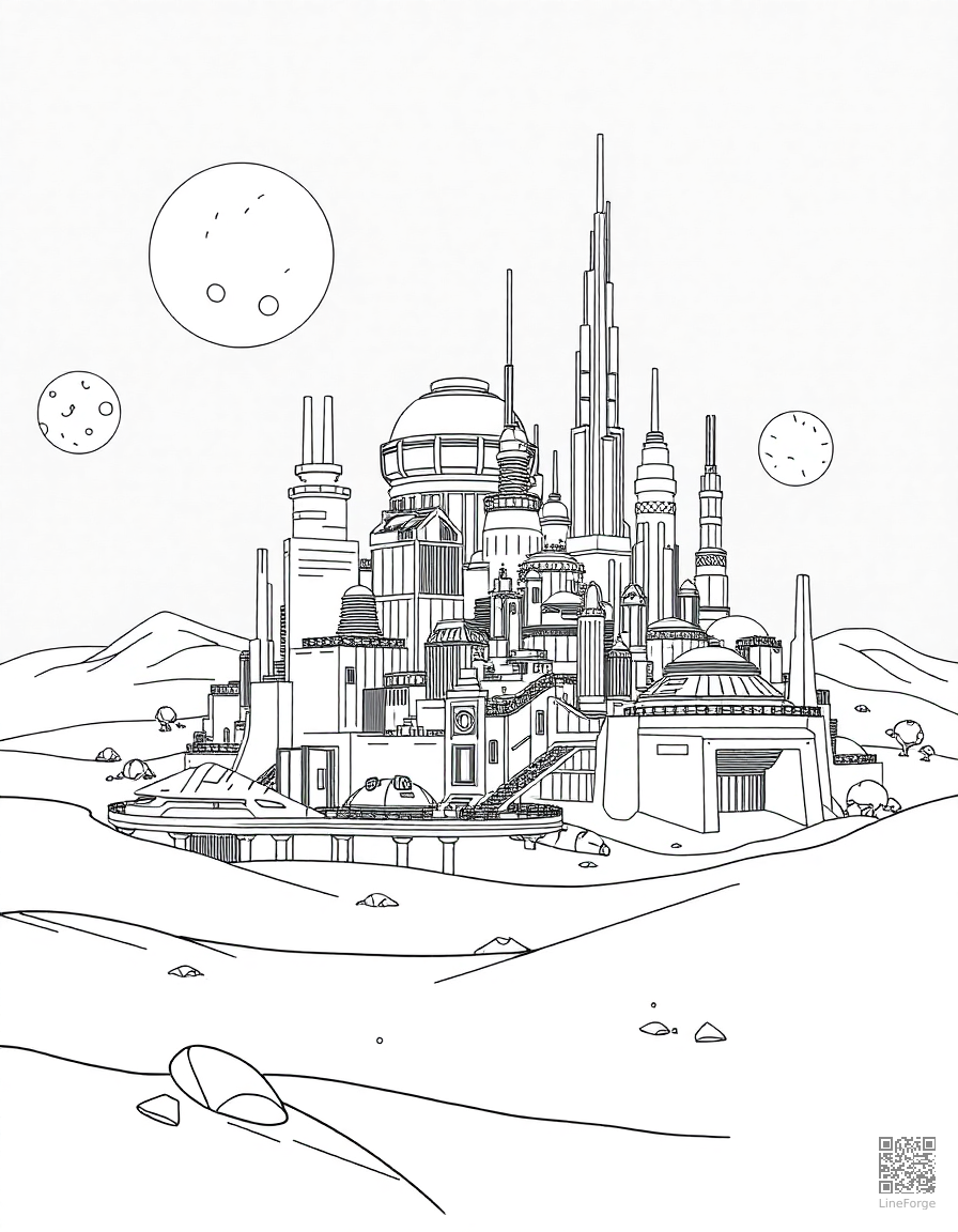 Free futuristic space city on another planet coloring page in contour style — printable line art