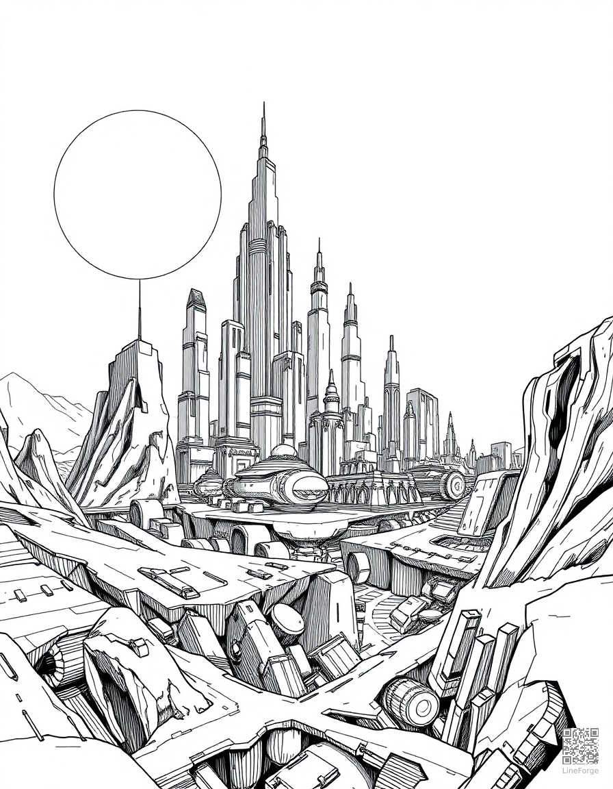 futuristic space city on another planet coloring page Crosshatch style - free printable