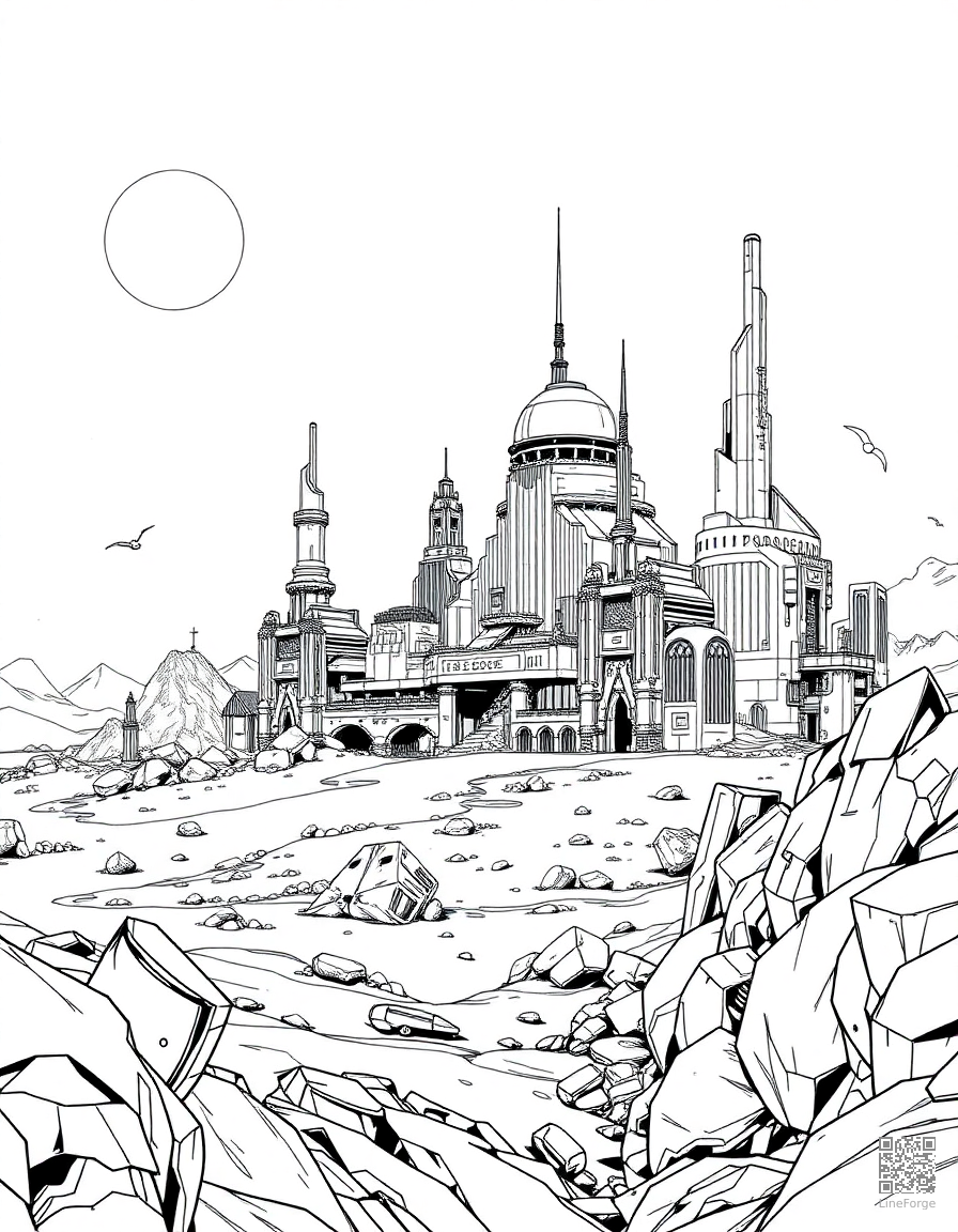 Free futuristic space city on another planet coloring page in manga style — printable line art