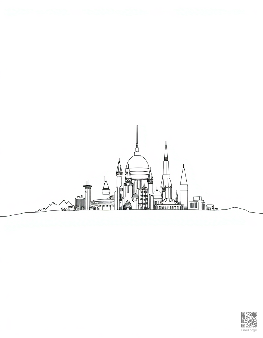 futuristic space city on another planet coloring page Minimal style - free printable