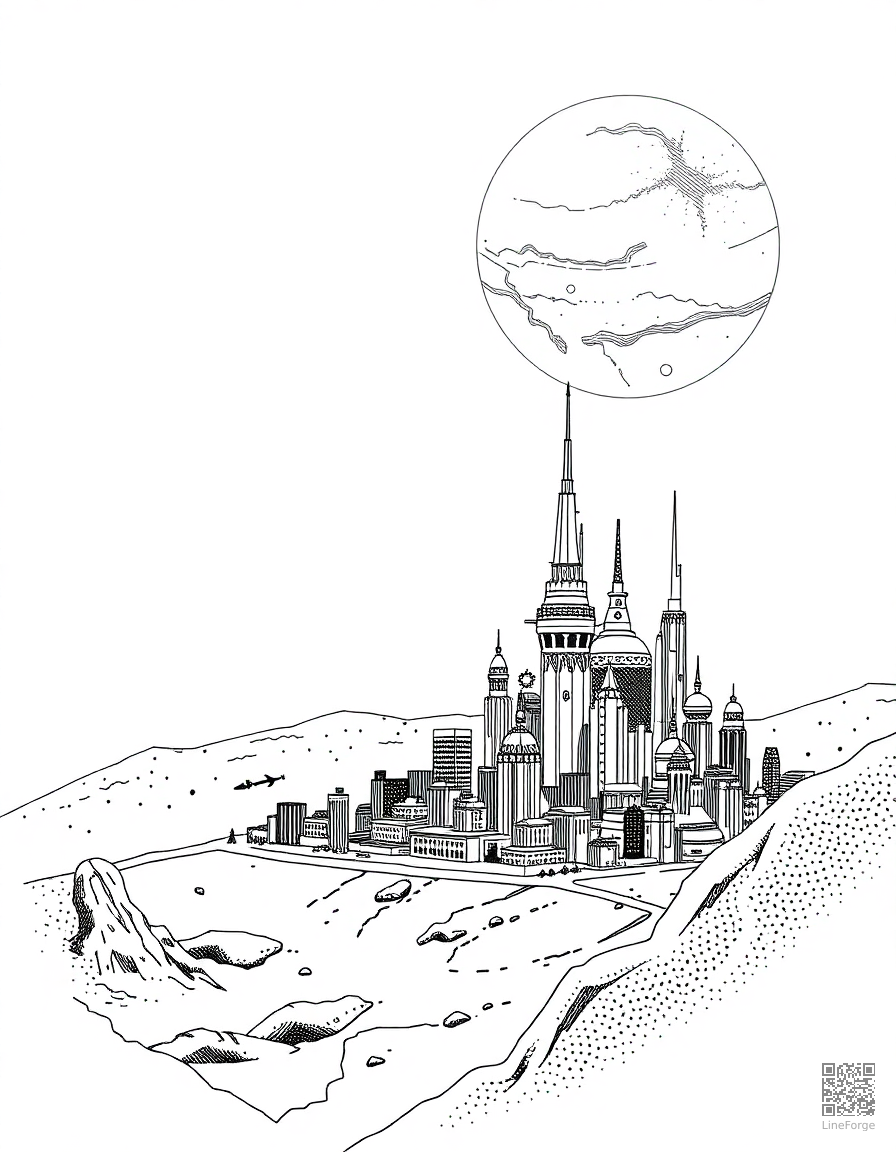Free futuristic space city on another planet coloring page in stipple style — printable line art