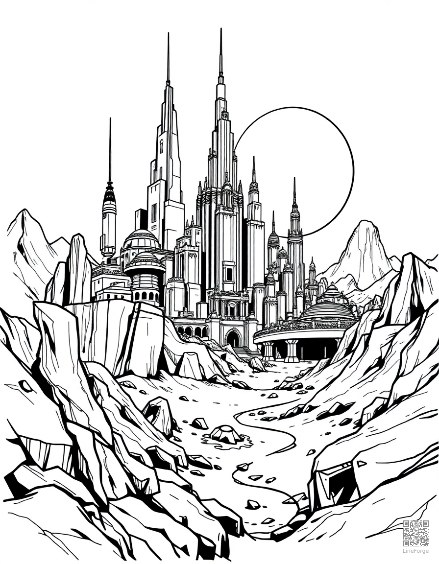 futuristic space city on another planet coloring page Woodcut style - free printable