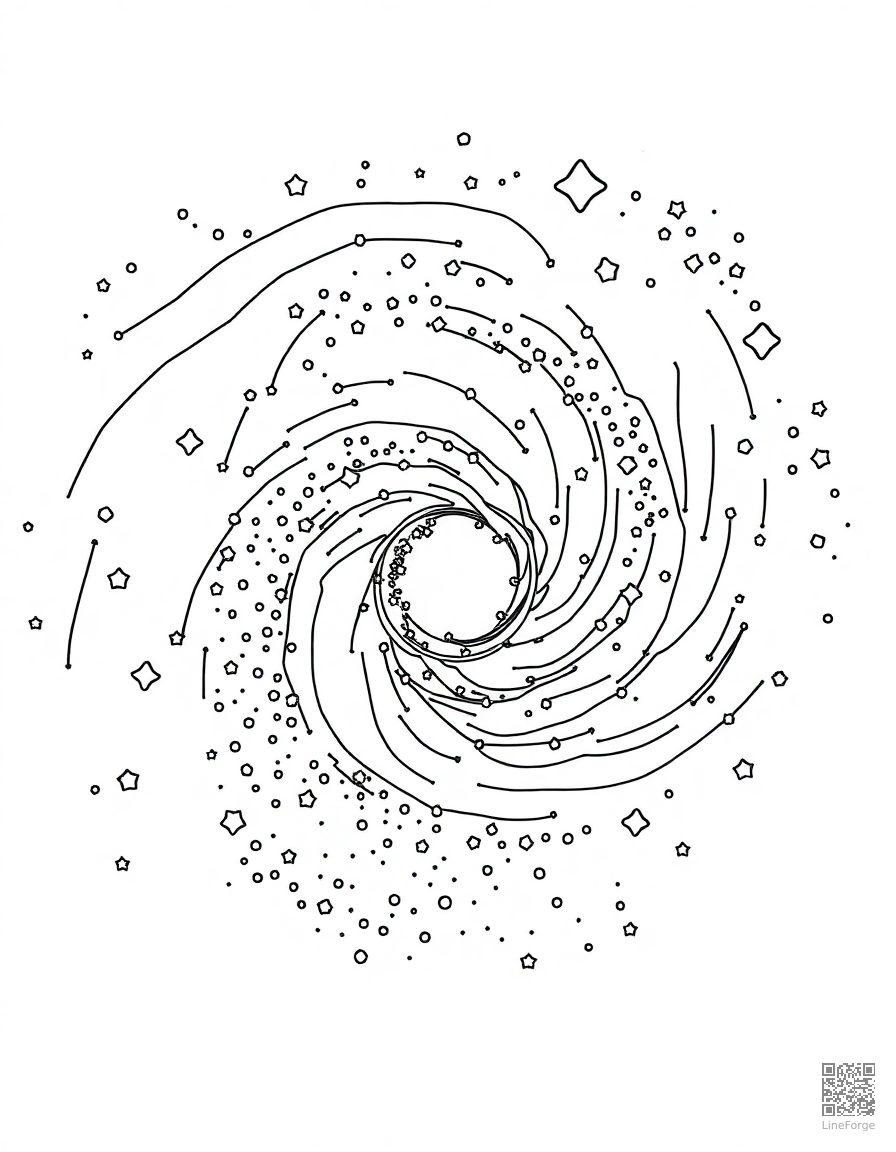 Free galaxy spiral with millions of stars coloring page in contour style — printable line art