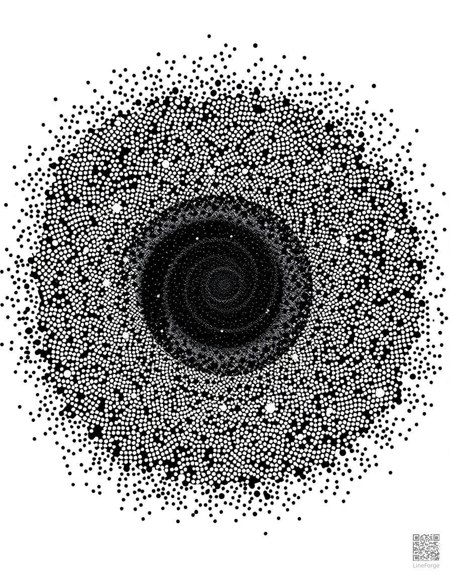 Free galaxy spiral with millions of stars coloring page in stipple style — printable line art