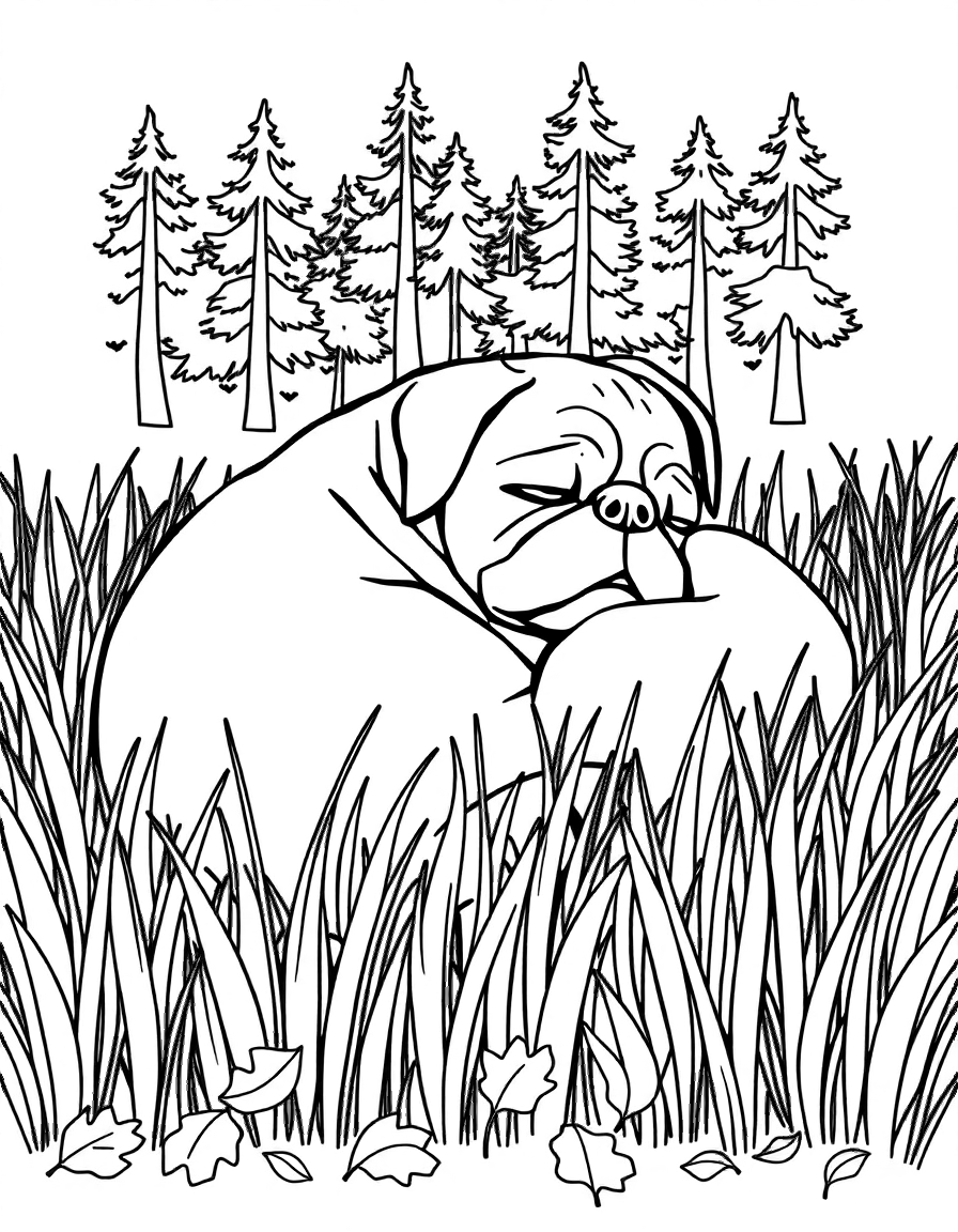 Free a adorable pug curled up sleeping in a field of tall grass at the edge of a wood, with fallen leaves scattered on the ground coloring page in contour style — printable line art