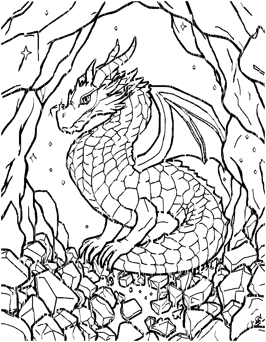 A ancient ice dragon with crystalline scales emerging from the mist of a dragon's treasure cave with piles of gems, with tiny stars and sparkles floating around coloring page Contour style - free printable
