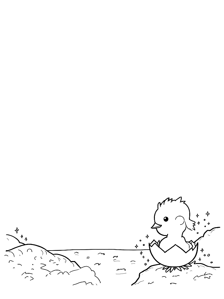 A baby chick hatched from an egg., depicted in a detailed scene in a rocky shoreline with crashing waves, with tiny stars and sparkles floating around coloring page Minimal style - free printable