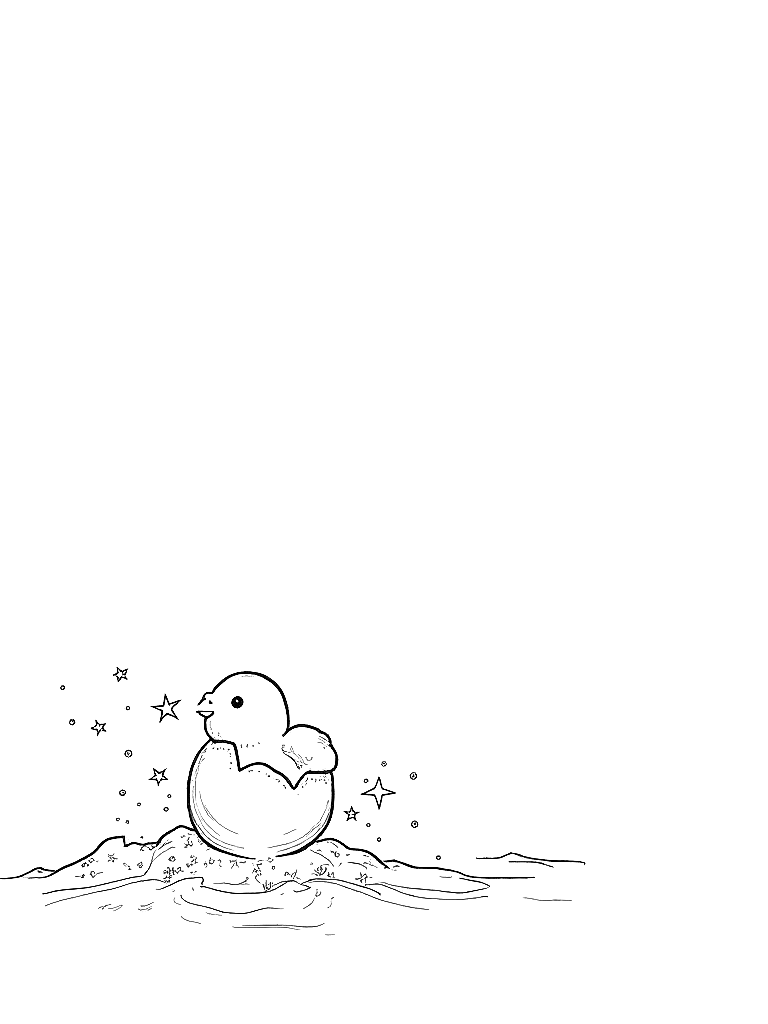 A baby chick hatched from an egg., depicted in a detailed scene in a rocky shoreline with crashing waves, with tiny stars and sparkles floating around coloring page Minimal style - free printable