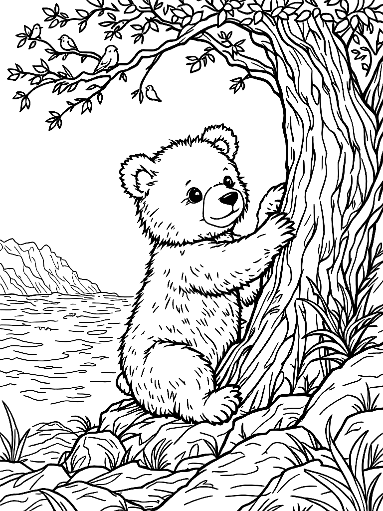 A bear cub climbing a tree a cuddly   on a bedroom shelf., sitting gracefully in a rocky shoreline with crashing waves, with birds perched on branches above coloring page Contour style free printable