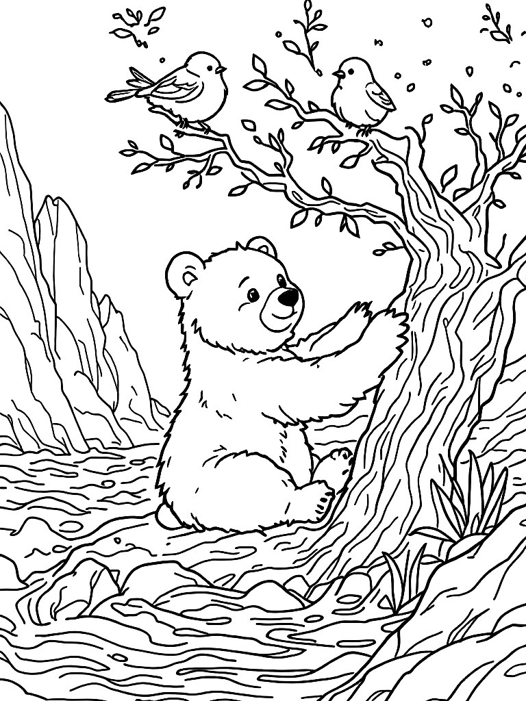 A bear cub climbing a tree a cuddly   on a bedroom shelf., sitting gracefully in a rocky shoreline with crashing waves, with birds perched on branches above coloring page Contour style free printable