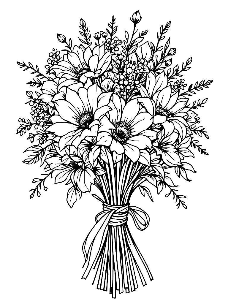 A bouquet of flowers tied together with a ribbon and held by a woman's hands. coloring page Contour style - free printable