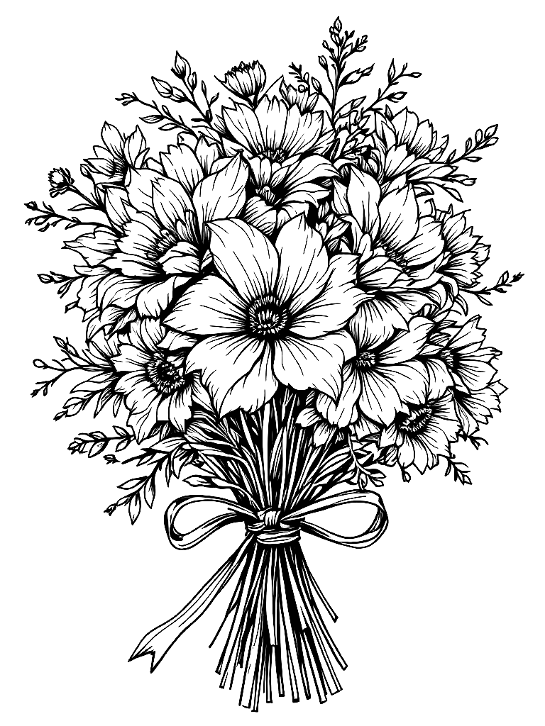 A bouquet of flowers tied together with a ribbon. coloring page Contour style - free printable