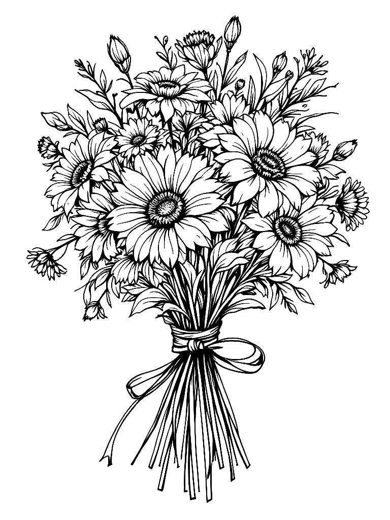 A bouquet of flowers tied together with a ribbon. coloring page Contour style - free printable