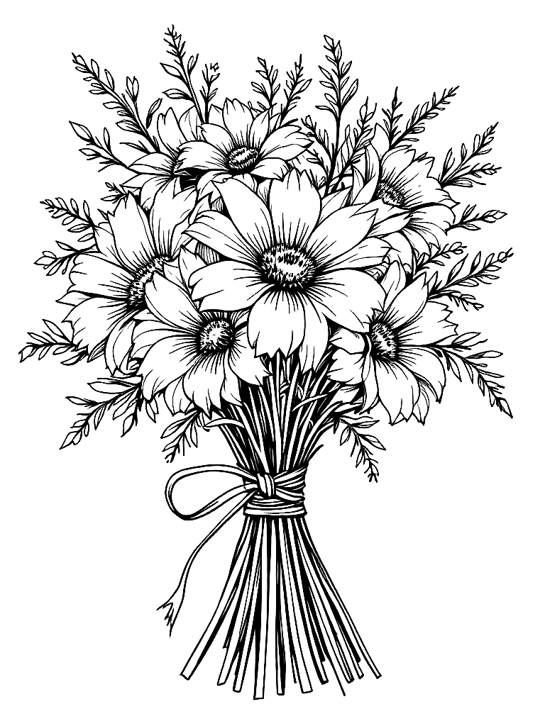 A bouquet of flowers tied together with a ribbon. coloring page Contour style - free printable