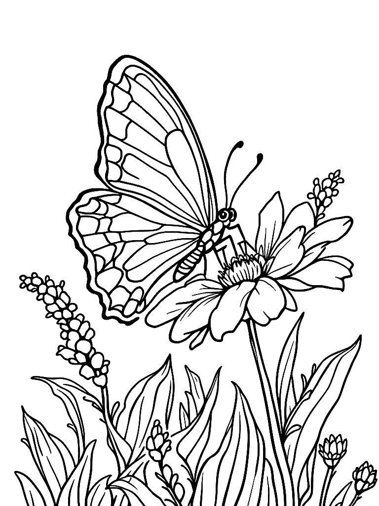 A butterfly landing on a flower coloring page Contour style free printable