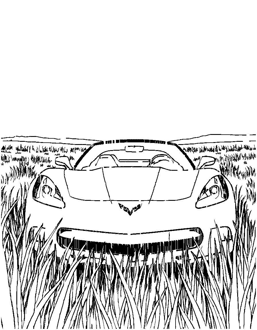 Free a corvette automobile., from a dramatic low angle looking up, in a field of tall grass at golden hour coloring page in contour style — printable line art