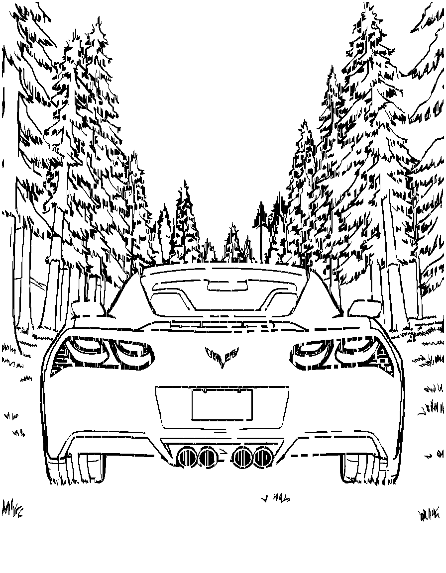 Free a corvette automobile., from behind, looking away into the distance, in a forest clearing surrounded by tall trees coloring page in contour style — printable line art