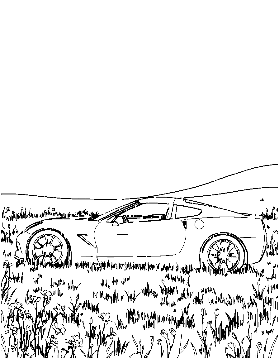 A Corvette automobile., from the side in full profile view, in a sunlit meadow with wildflowers coloring page Contour style - free printable