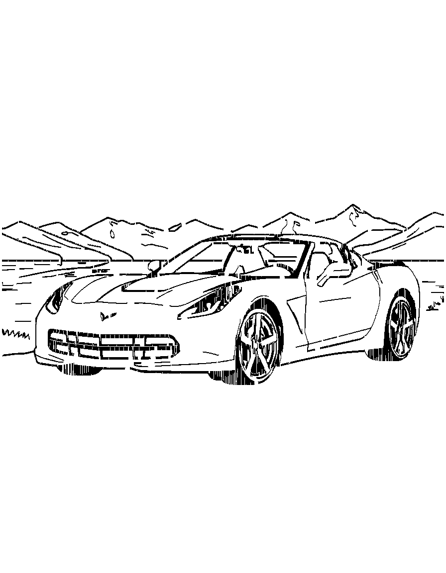 Free a corvette automobile., in an action pose with dynamic movement, by a calm lake with mountains in the background coloring page in contour style — printable line art