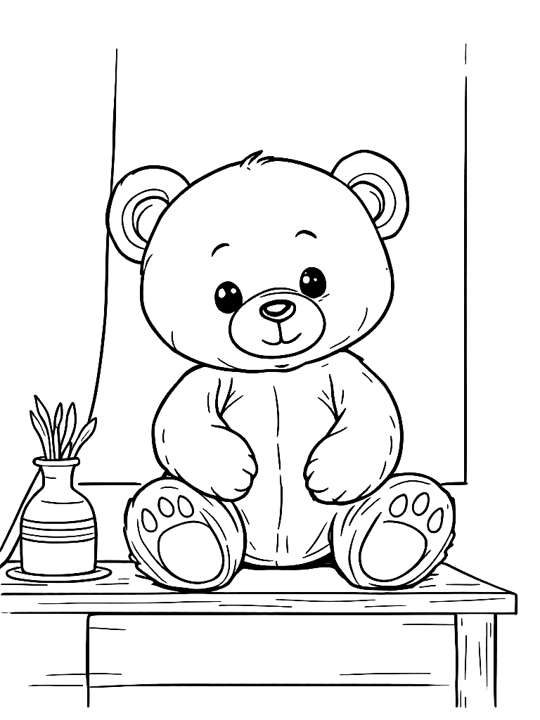 A cuddly teddy bear on a bedroom shelf. coloring page Contour style free printable