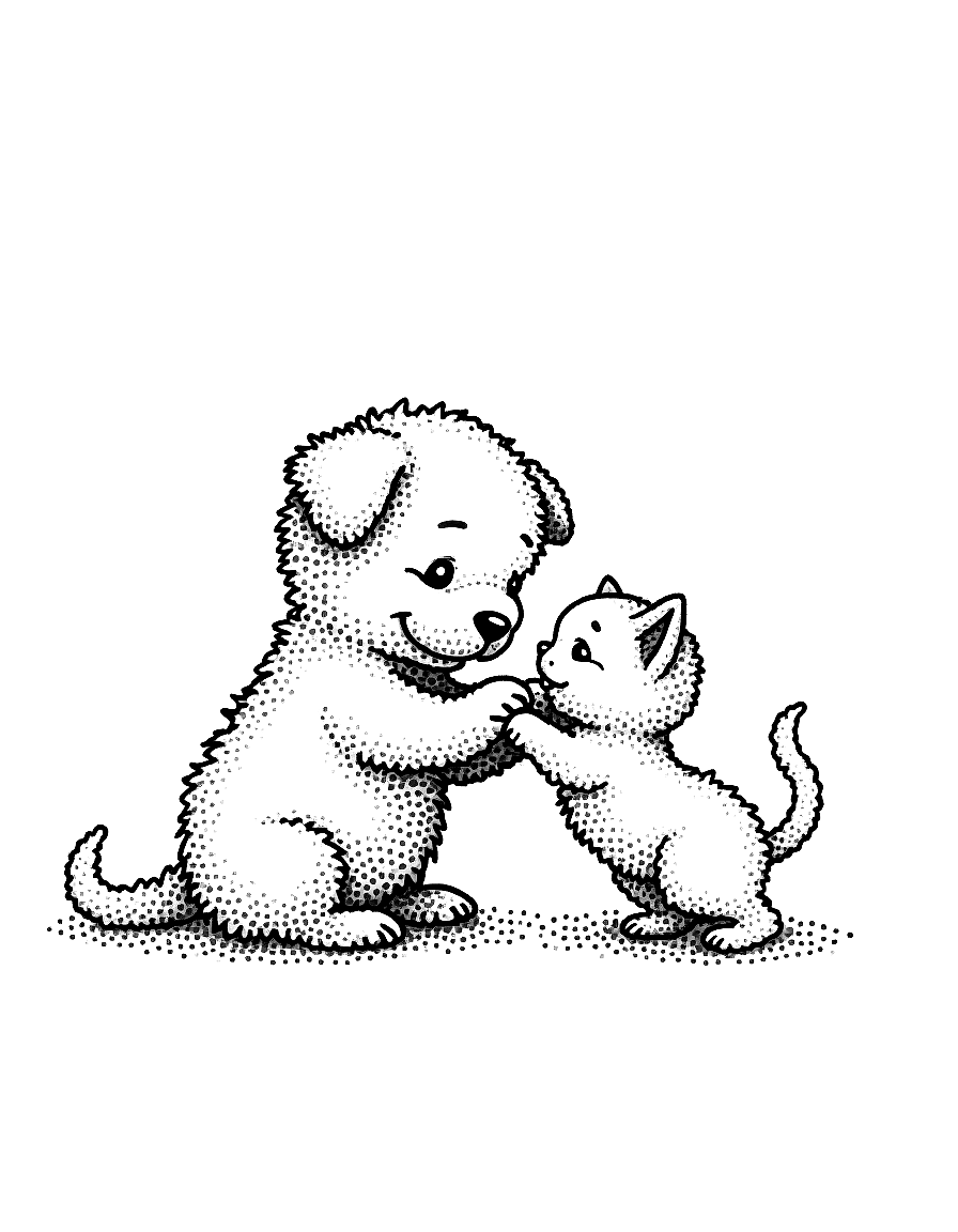 A cute puppy playing with a kitten. coloring page Stipple style free printable