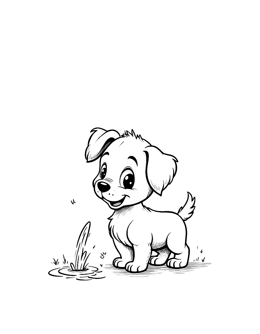 A cute puppy playing with a sprinkler. coloring page Contour style - free printable