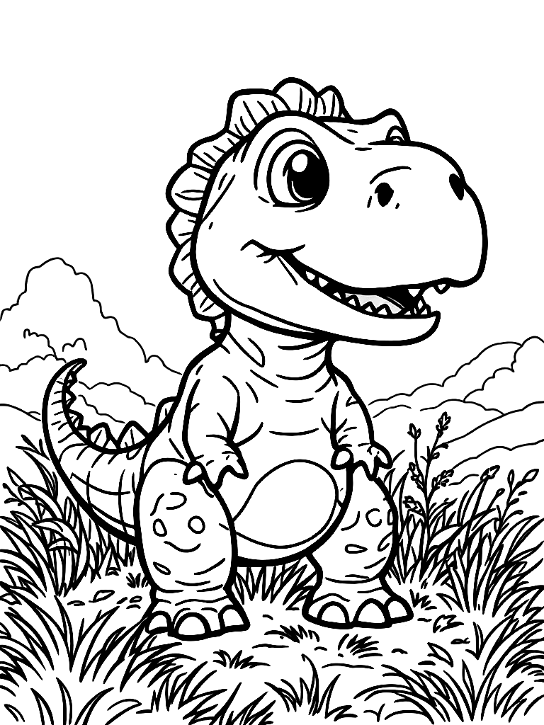 a cute t rex in a field coloring page Contour style free printable