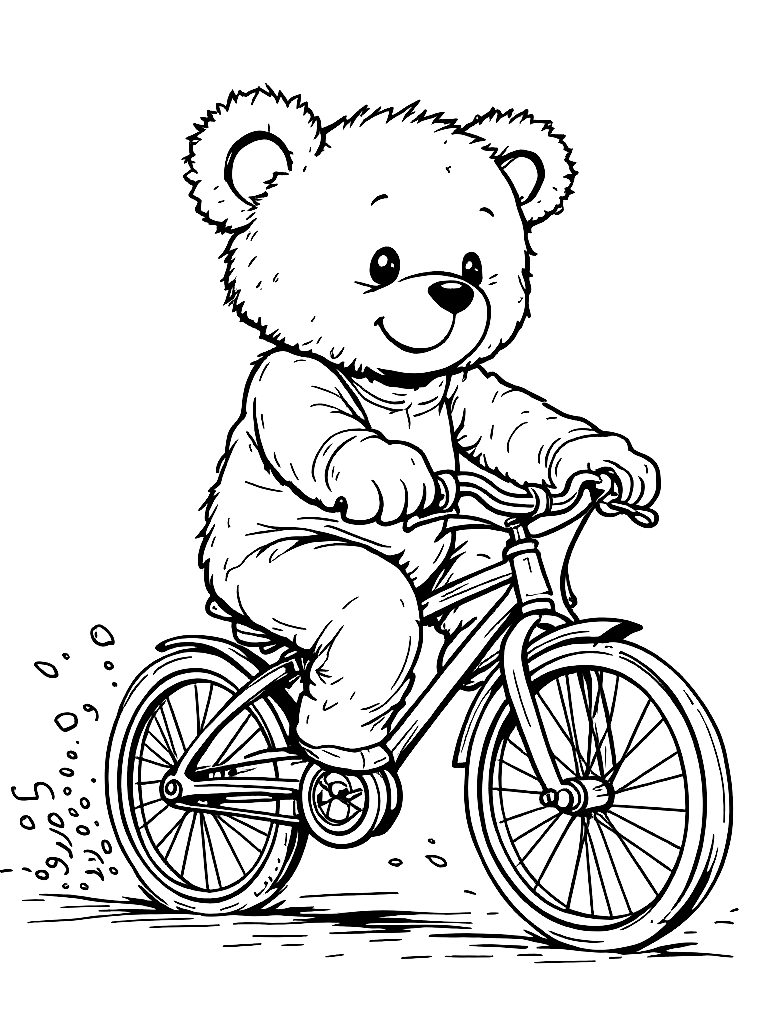 A cute teddy bear riding a bike. coloring page Contour style free printable
