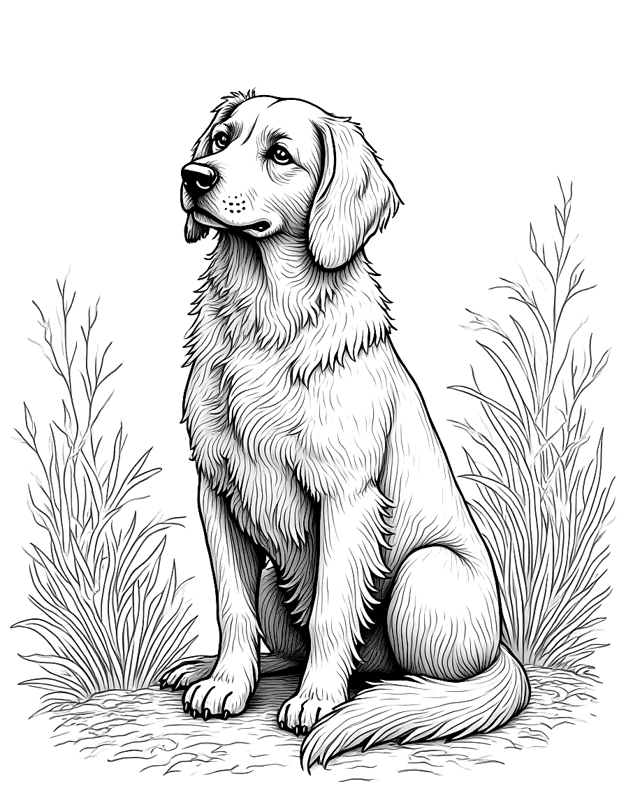 A dog sitting in a forest. coloring page Dürer style free printable
