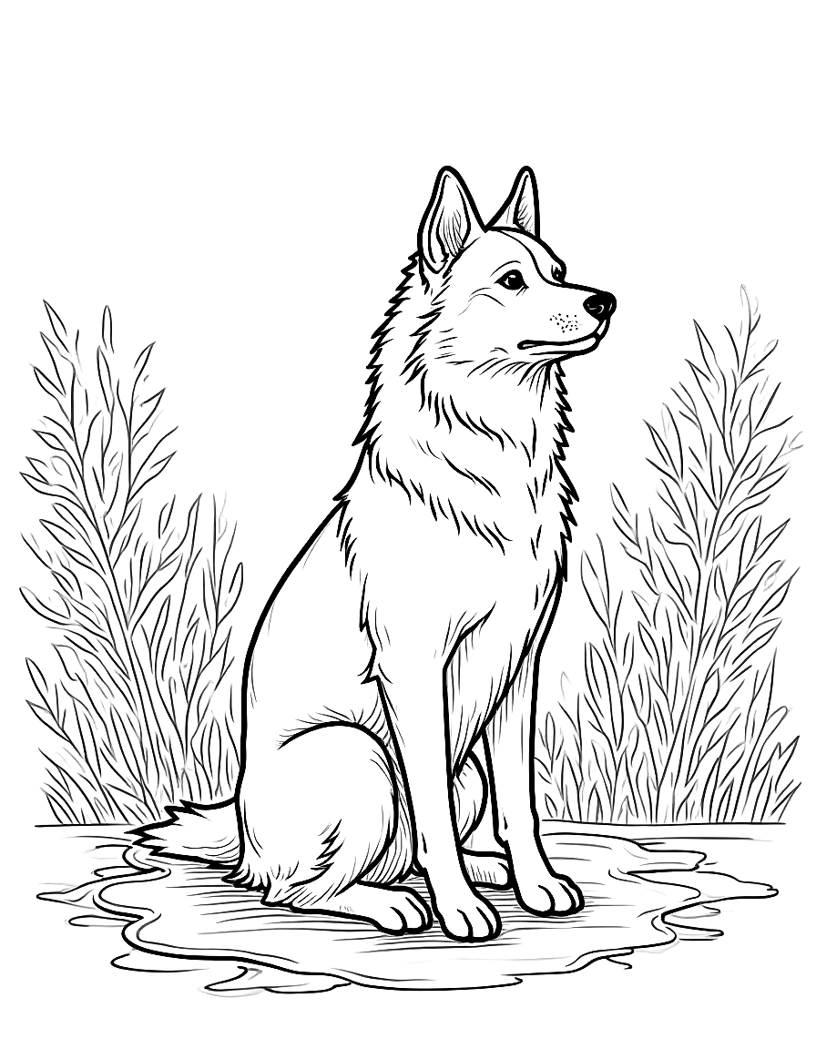 A dog sitting in a forest. coloring page Hokusai style free printable