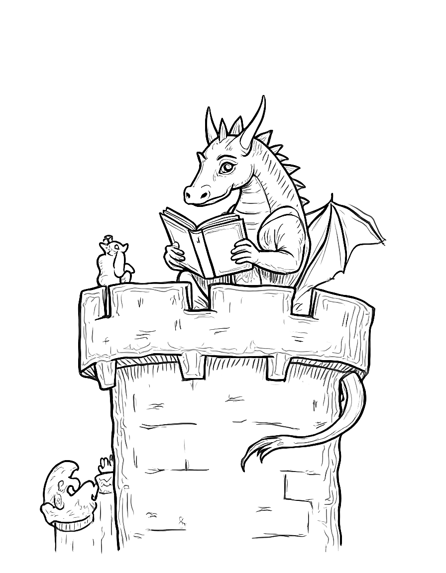 A dragon reading a book in a castle tower. coloring page Rockwell style - free printable