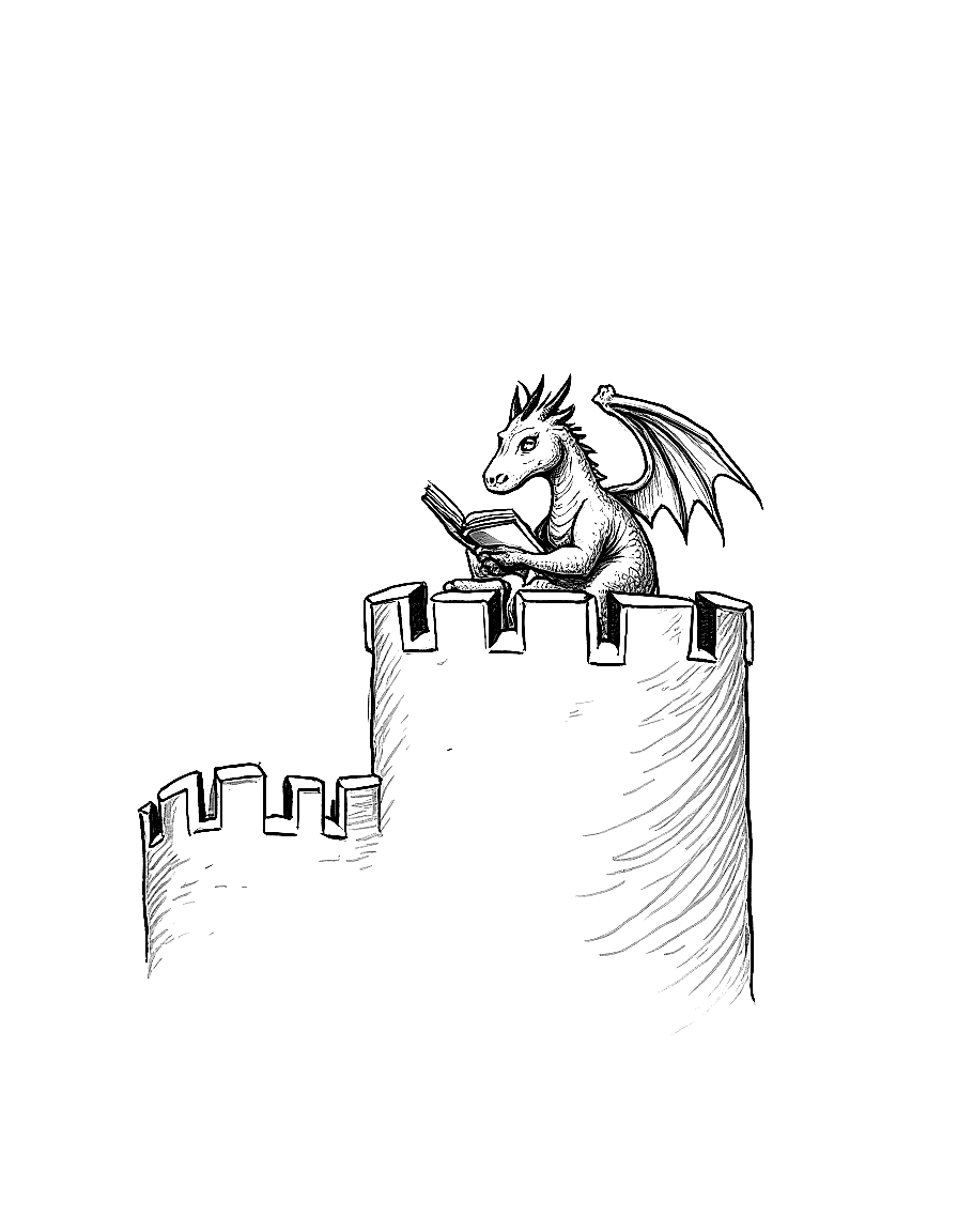 A dragon reading a book in a castle tower. coloring page Sargent style - free printable