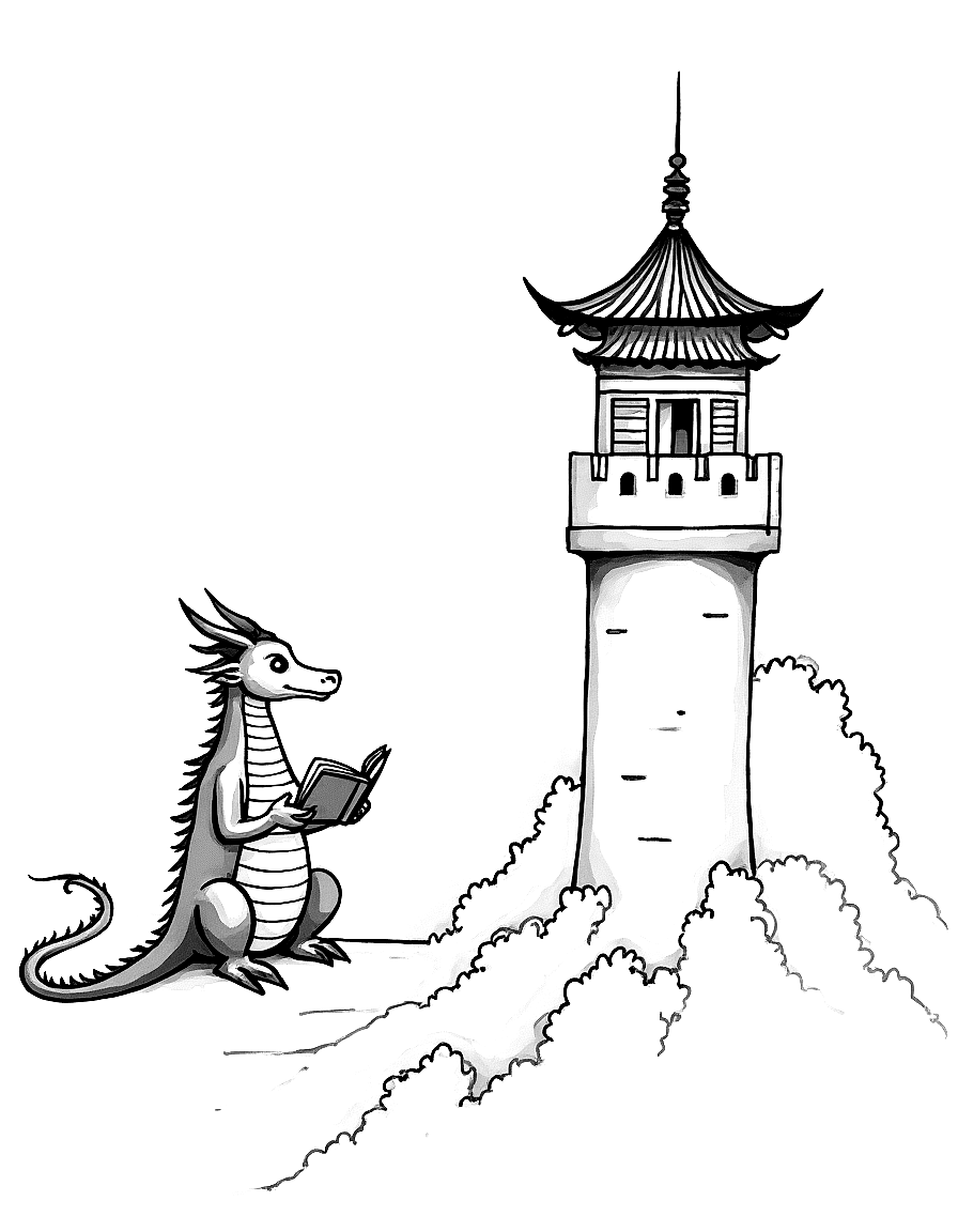 A dragon reading a book in a castle tower. coloring page Sumi-e style - free printable