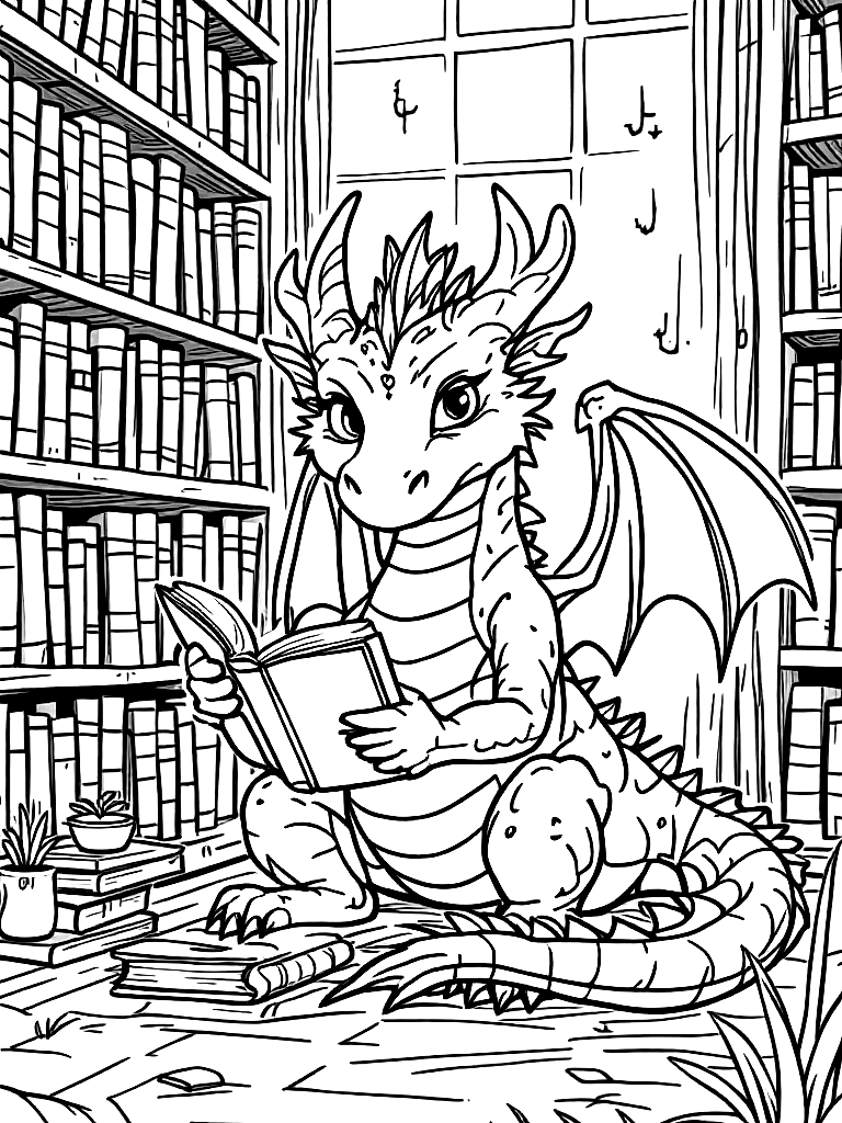 A dragon reading a book in a library. coloring page Contour style - free printable