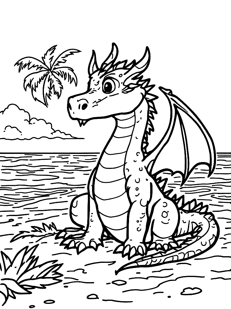 A dragon sunbathing on a beach. coloring page Contour style - free printable