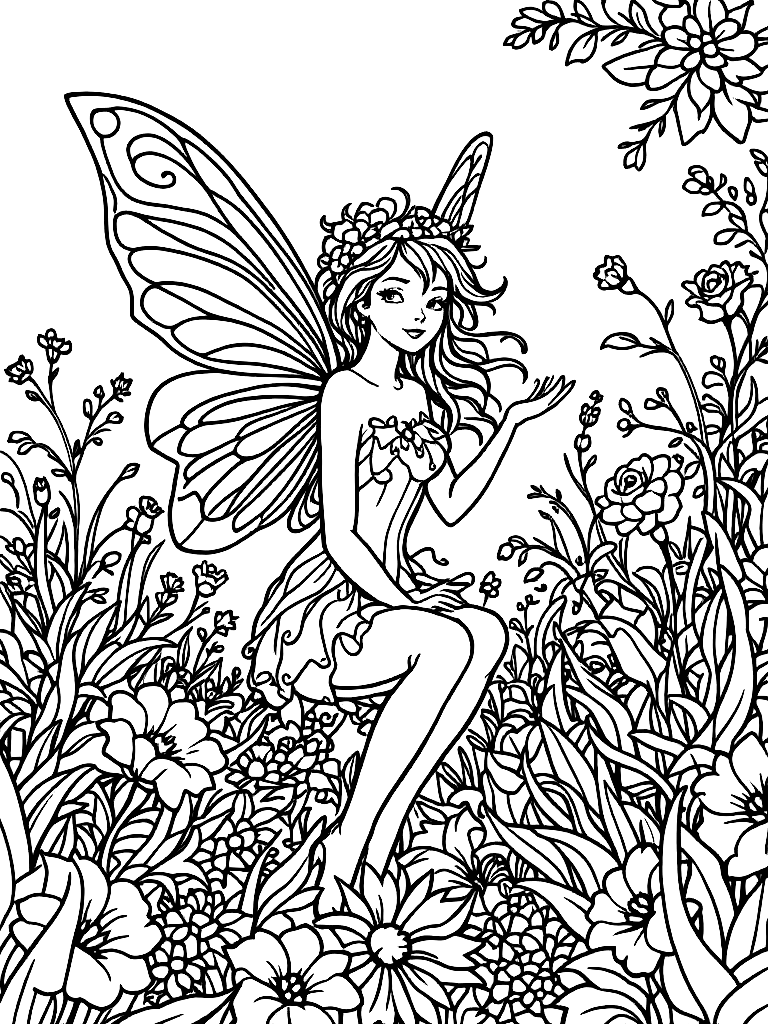 A fairy in a flower garden coloring page Contour style free printable