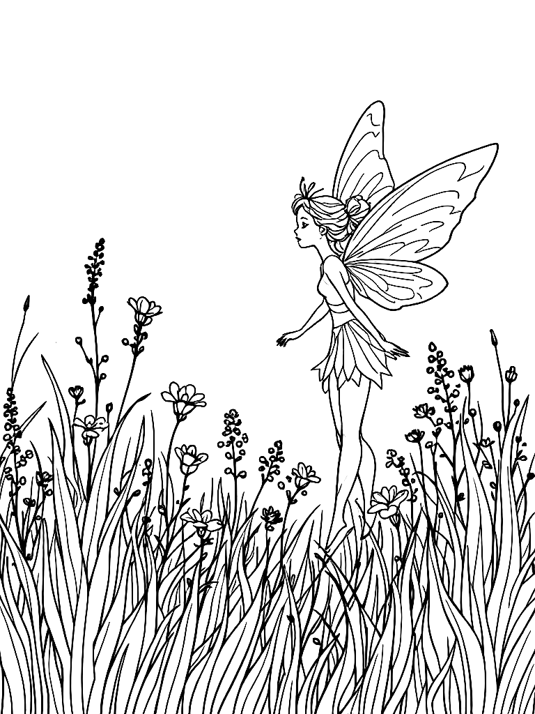A fairy in a flower garden, from a dramatic low angle looking up, in a field of tall grass at golden hour coloring page Contour style free printable