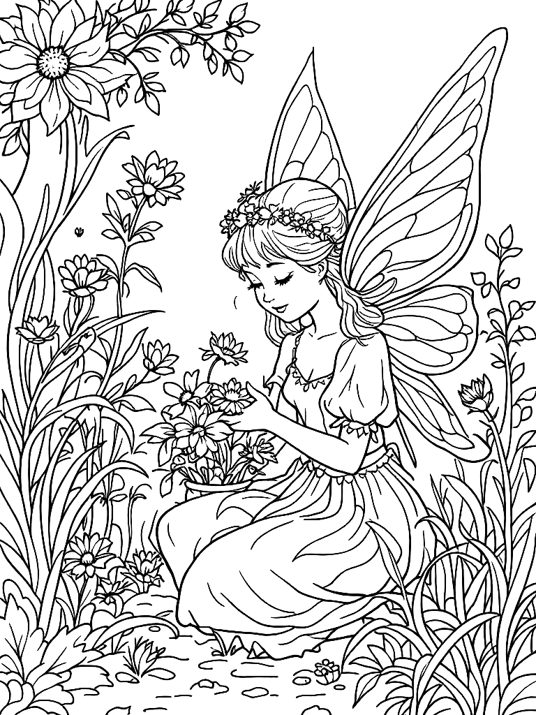 A fairy in a flower garden, from a three-quarter side angle, in a cozy indoor setting with warm details coloring page Contour style free printable