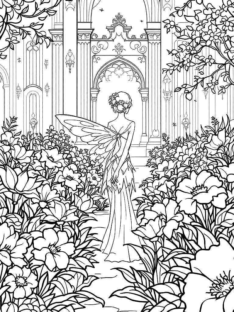 A fairy in a flower garden, from behind, looking away into the distance, in front of an ornate architectural backdrop coloring page Contour style free printable