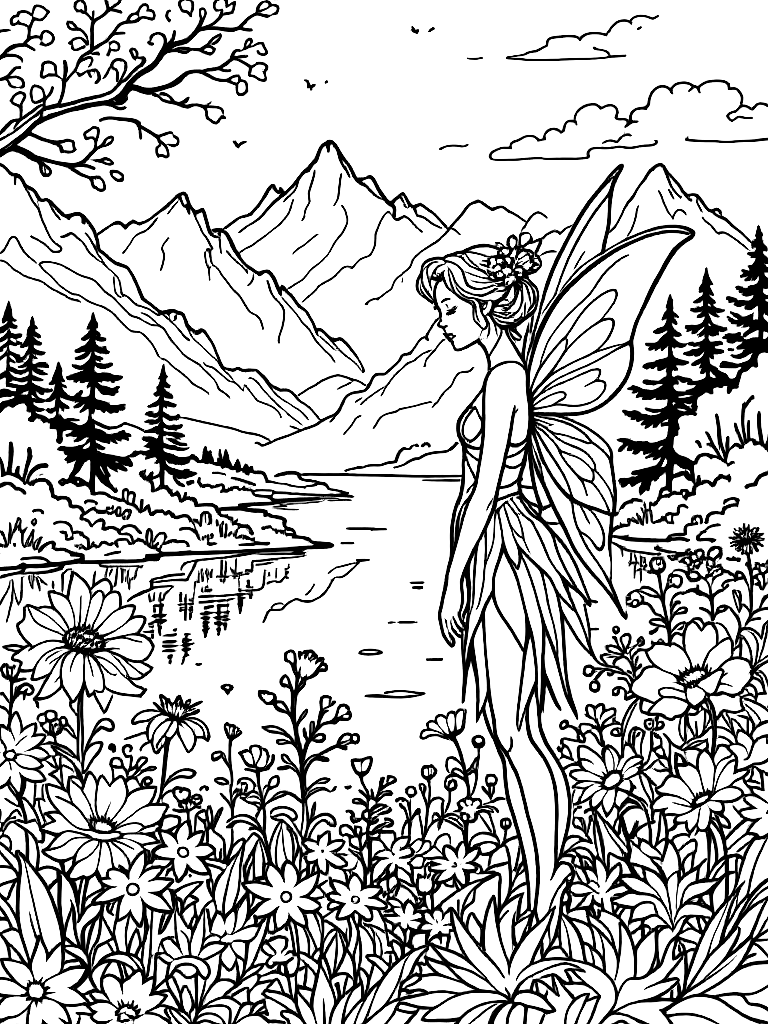 A fairy in a flower garden, from the front, facing the viewer, by a calm lake with mountains in the background coloring page Contour style free printable