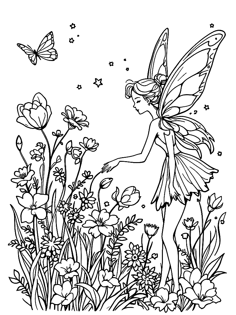 A fairy in a flower garden, from the side in full profile view, in a whimsical scene with decorative swirls coloring page Contour style free printable
