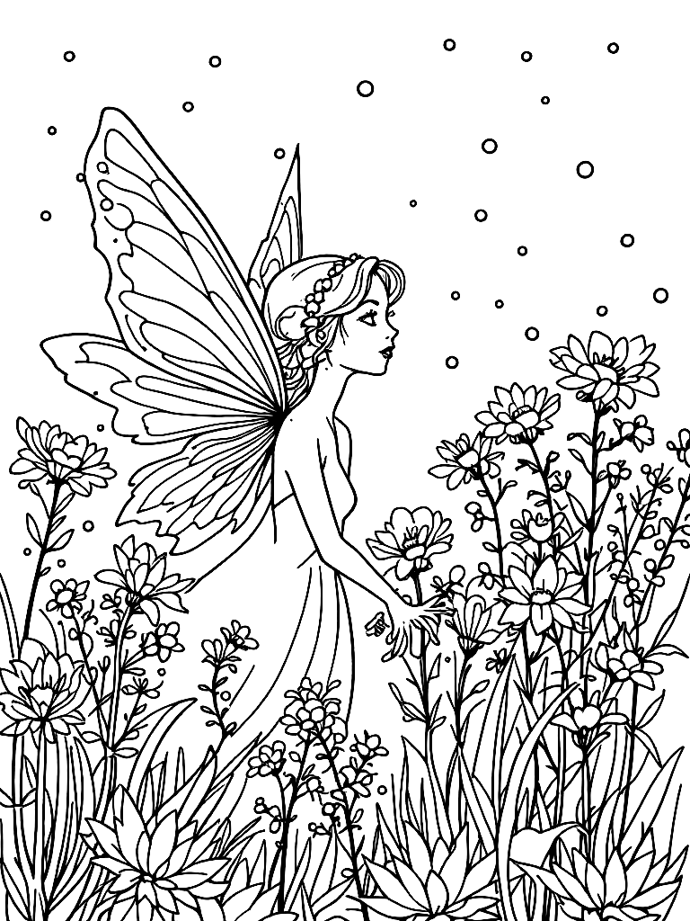 A fairy in a flower garden, in a close-up portrait view with fine detail, in a snowy winter landscape coloring page Contour style free printable